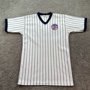 VINTAGE Florissant Khoury League Jersey Mens M White Blue Post Short Sleeve